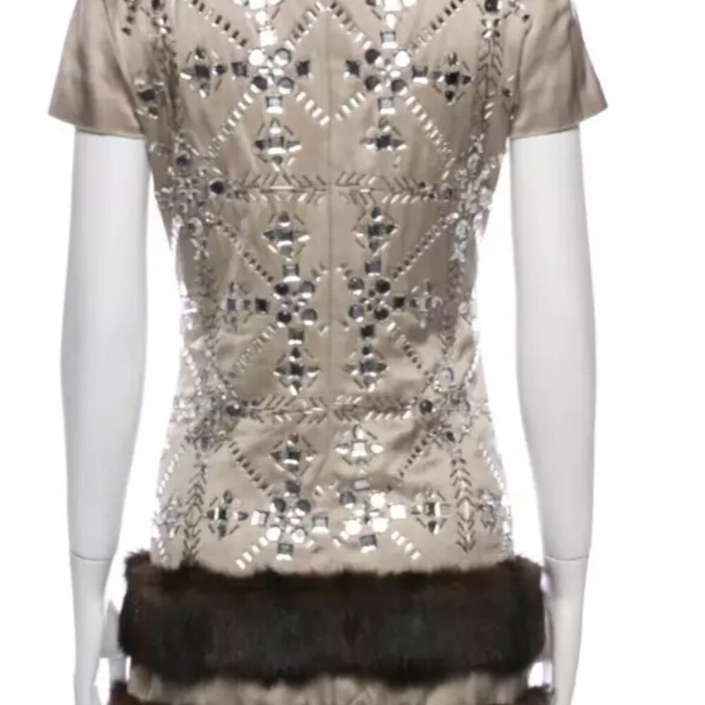 Moschino Couture Crystal Embellished Fur Trim Gold Zipper Dress USA 8 RHINESTONE - Picture 2 of 14